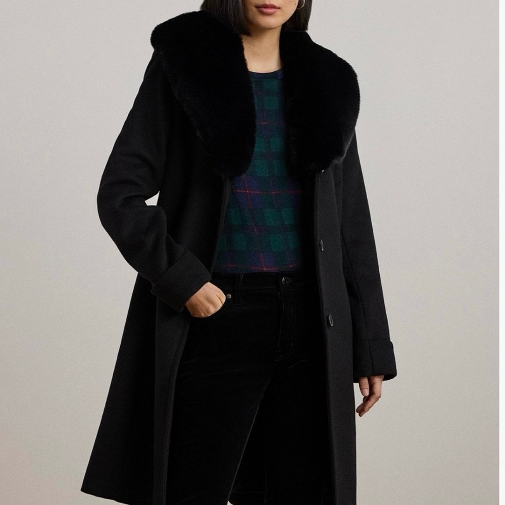 Lauren Ralph Lauren Wool Blend Faux Fur Collar Coat 4 Tailored Black Elegant NEW